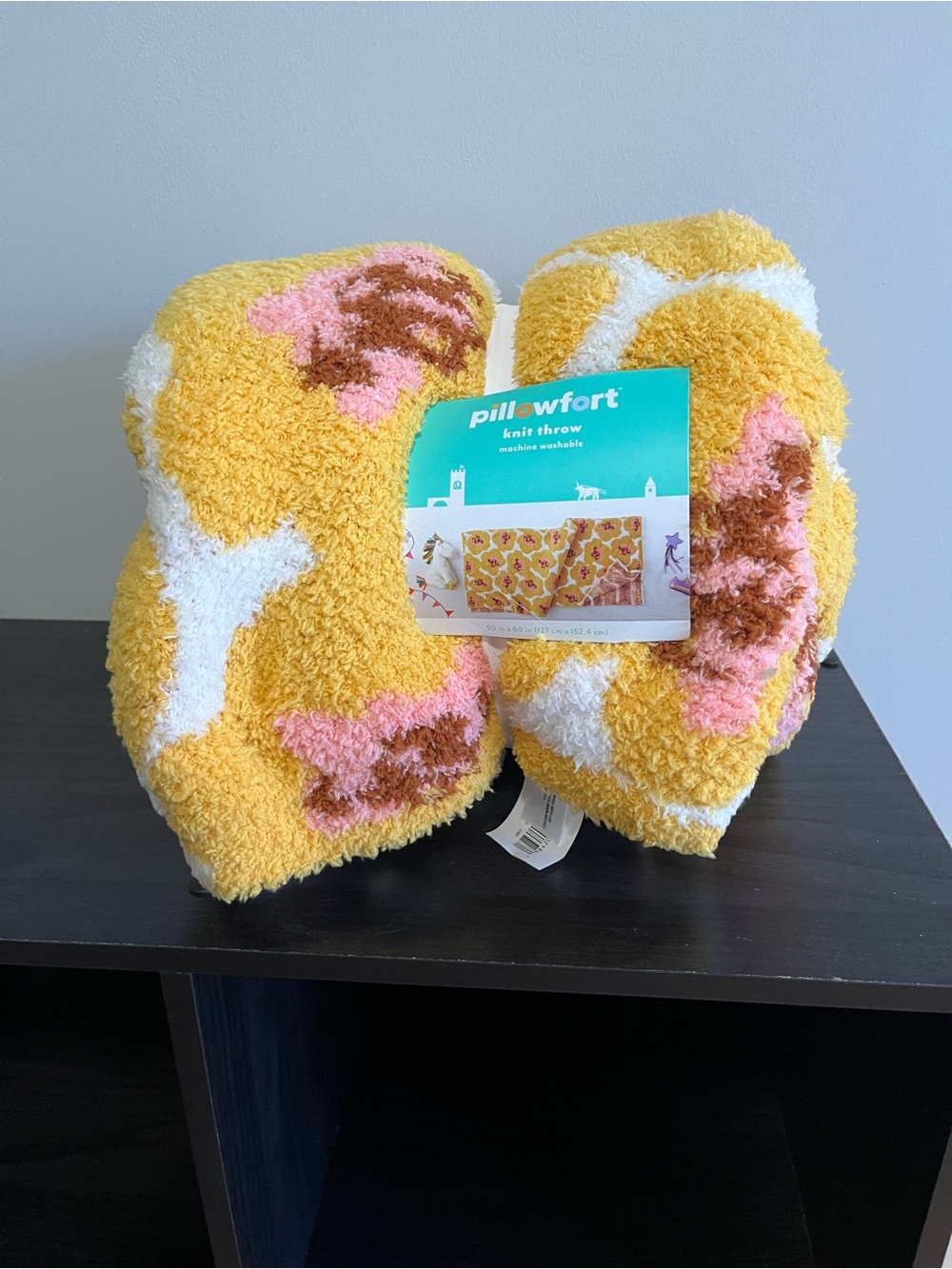 Pillowfort Yellow Plush Knit Throw with Pink White and Maroon Flower Accents